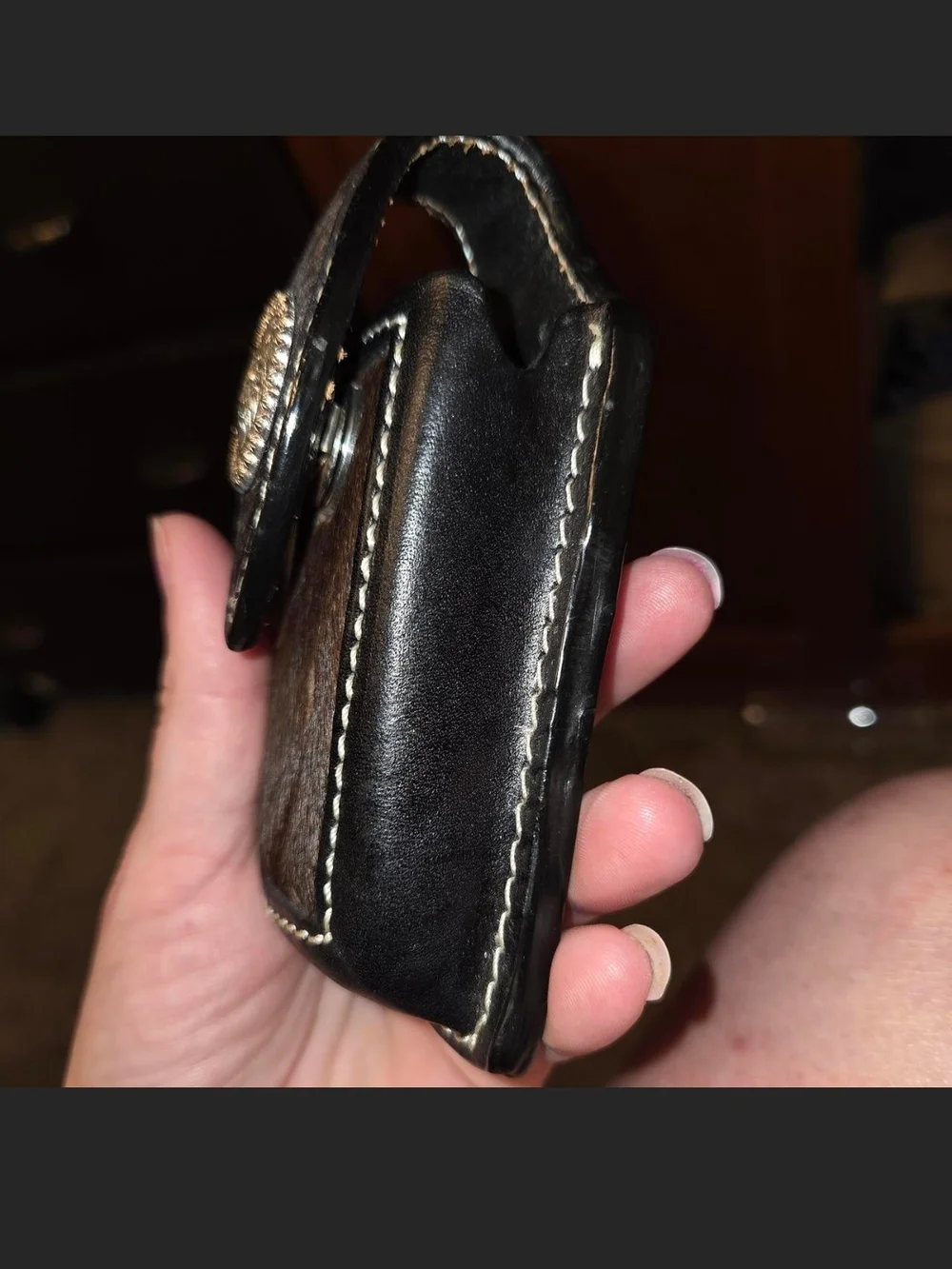 Leather & Hair-On Hide Belt Pouch with Silver Concho - Brown